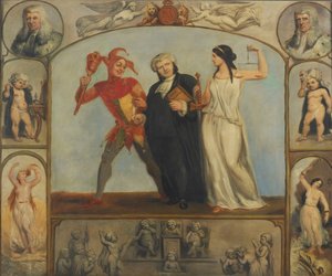 Porträt von Renton Nicholson mit allegorischen Szenen und Figuren