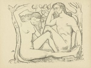 Adam und Eva sitzen bei einem Baum