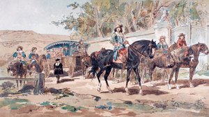 Pferdegezogener öffentlicher Wagen des 17. Jahrhunderts mit berittener Eskorte, 1886 von Armand Jean Heins