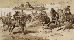 Muschelbläser und Floß in primitiven Zeiten