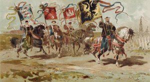 Reiter mit Bannern der Hanse und einiger ihrer Mitgliedsstädte, Spanische Niederlande, 16. Jahrhundert