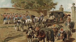 Beladene Esel und Postkutsche, Österreichische Niederlande, 18. Jahrhundert von Armand Jean Heins