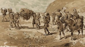 Sänfte, Träger und beladene Packesel, Zeit der Kreuzzüge, 11. Jahrhundert