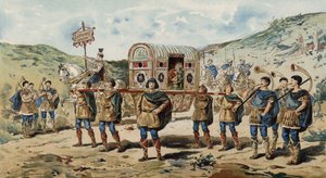 Sänfte mit Eskorte, begleitet von Buccina-Spielern. Zeit Karls des Großen, 9. Jahrhundert von Armand Jean Heins