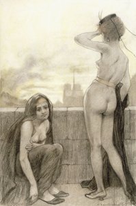 Zwei teilweise bekleidete Frauen an einer Wand in einer Stadt