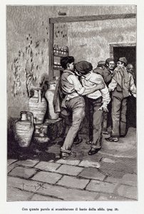 Einladung zum sizilianischen Duell durch den tödlichen Kuss, tatsächlich ein Biss ins Ohr. Illustration von Arnaldo Ferraguti für die neue Cavalleria Rusticana von Giovanni Verga. 1897