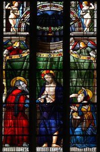 Der auferstandene Christus nimmt die Hand des heiligen Thomas, um ihm seine Wunden zu zeigen, und berührt mit der anderen Hand die Stirn der heiligen Maria Magdalena - Glasmalerei aus der Kapelle Notre Dame d