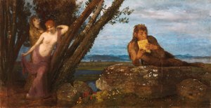 Frühlingsabend (Pan spielt seine Flöte, während zwei Nereiden sich an Baumstämme lehnen) von Arnold Böcklin