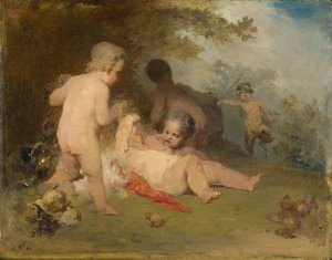 Putti und ein junger Satyr in einem Waldtal von Arnold Böcklin