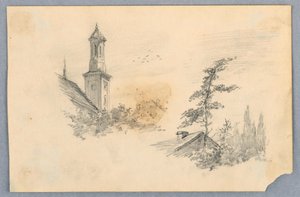 Skizze von Kirchturm und Dach von Arnold William Brunner