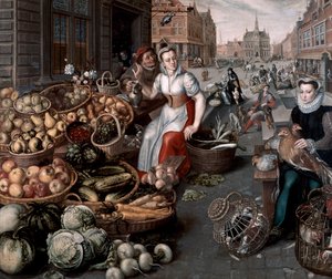 Frau verkauft Obst und Gemüse, ca. 1590