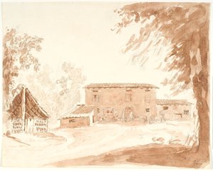 Hofgebäude in einer Landschaft mit Wagen, Tieren und Menschen von Aron Wallick