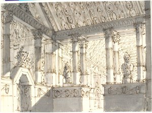 Innenraum (aus einem Tempel?) mit Säulen und Statuen
