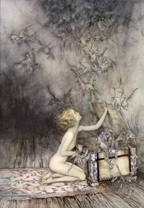 Öffnung der Büchse der Pandora, Szene aus Ein Wunderbuch von Nathaniel Hawthorne (Farblithografie)