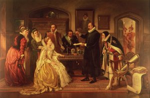 Dr. William Gilbert (1544-1603) zeigt Königin Elizabeth I. und ihrem Hof seinen Elektrizitätsexperiment, 19. Jahrhundert von Arthur Ackland Hunt