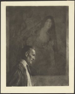Mann mit kleinem, gepflegtem Schnurrbart im Profil vor einem Gemälde einer Frau in spanischem Kostüm von Arthur F. Kales