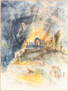 Ein kirchliches Gebäude in Flammen mit Dämonen darüber von Arthur Frederick Payne