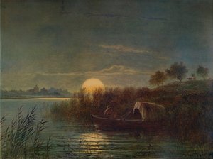Flusslandschaft bei Mondschein, mit Boot, 1879, 1935