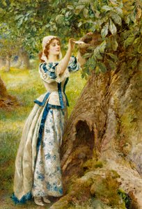 Romantik: "Der Liebesbriefkasten" Eine junge Frau legt einen Brief für ihren Geliebten in einen Baumstamm. Gemälde von Arthur Hopkins (1848-1930)