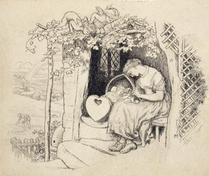Am Wiege (Feder und Tusche über Graphit) von Arthur Hughes