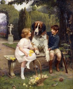 Kinder mit einem Bernhardiner von Arthur John Elsley