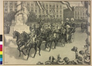 Umzug von Kaiser Wilhelm II und Kaiser Franz Joseph I in Budapest 1897 (Bleistiftzeichnung) von Arthur Lajos Halmi
