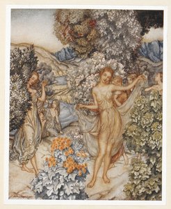 AKT IV: Szene I, Zeile 132
Kommt, gemäßigte Nymphen, und helft zu feiern
Einen Vertrag der wahren Liebe.
Prospero weist Ariel an, auffällige Kleidung an einem Baum zu lassen, um die Männer zu verführen