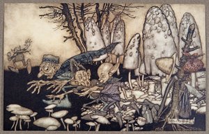 Eine Gruppe von Arbeitern, die einen Pilz absägten, rannte davon und ließ ihre Werkzeuge zurück, aus Peter Pan in Kensington Gardens von J M Barrie, veröffentlicht 1906 von Arthur Rackham