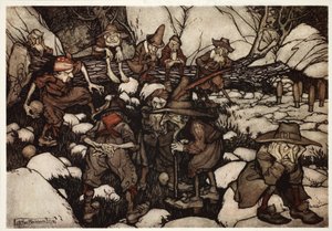 Eine Gesellschaft seltsam aussehender Personen, die Kegeln spielen., aus Rip Van Winkle von Washington Irving, veröffentlicht 1910 von Arthur Rackham