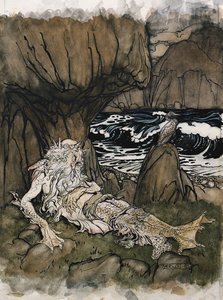 Ein gekrönter "Meermann", ein schlafender Meeresgott an einer felsigen Küste von Arthur Rackham