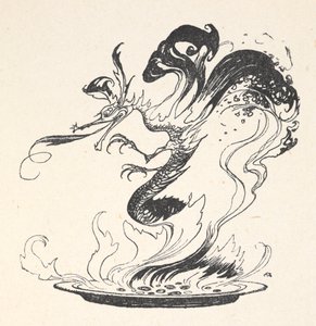 Ein Drache, der aus einem Teller brennenden Geldes auftaucht von Arthur Rackham
