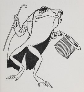 Ein Frosch mit Zylinder und Frack, der einen Stock trägt