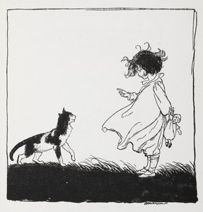Ein Mädchen mit einer Puppe schimpft ihre Katze aus von Arthur Rackham