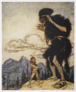 Ein Mann und ein Riese aus Der tapfere Schneider von Arthur Rackham