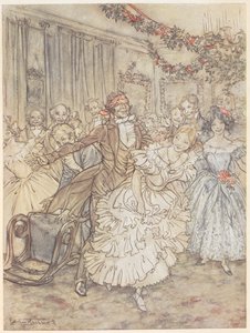 Eine Gesellschaft spielt Blindekuh. Ein Mann mit Augenbinde jagt eine Frau in einem Rüschenkleid. von Arthur Rackham