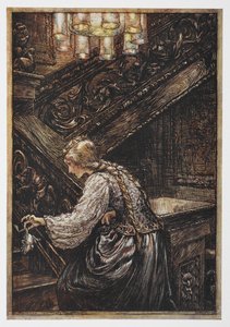 Eine Prinzessin trägt einen Frosch aus Der Froschkönig von Arthur Rackham