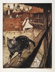 Eine getigerte Katze geht entlang des Holzgeländers eines Gebäudes von Arthur Rackham