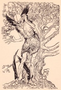 Ein schrecklicher Kerl, halb so groß wie der Baum, an dem er stand. Illustration von Arthur Rackham aus Grimms Märchen, Der Geist im Glas.