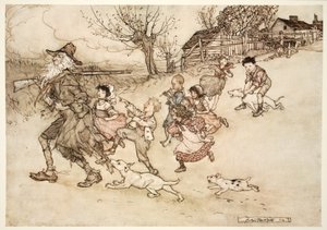 Eine Schar seltsamer Kinder rannte ihm nach, hootete ihn aus und zeigte auf seinen grauen Bart., aus Rip Van Winkle von Washington Irving, veröffentlicht 1910 von Arthur Rackham