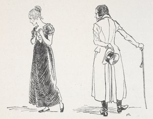 Ein junges Paar streitet, die Frau hat sich abgewandt und hält ein Taschentuch an ihre Brust von Arthur Rackham