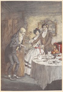 Ein junger Mann und eine junge Frau begrüßen Scrooge zu einem Essen in ihrem Speisezimmer