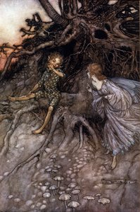 Akt II, Szene I Puck & eine Fee; Puck gibt zu, dass er „der fröhliche Wanderer der Nacht“ ist. Illustration von Arthur RACKHAM für Ein Sommernachtstraum von William SHAKESPEARE