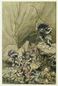 Alberich treibt eine Gruppe von Nibelungen mit Gold- und Silberschätzen, eine Illustration aus Das Rheingold und die Walküre von Richard Wagner (1813-83) veröffentlicht 1910 von Arthur Rackham