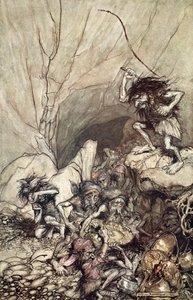 Alberich treibt eine Bande von Nibelungen mit Gold- und Silberschätzen an