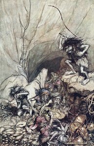 Alberich treibt eine Bande Nibelungen mit Gold- und Silberschätzen. Illustration für Das Rheingold