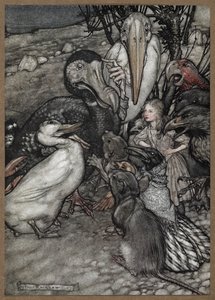 Alice und die Tiere nach dem Caucus-Rennen, einschließlich eines Dodos, einer Ente, einer Ratte, einer Krähe und eines Papageis