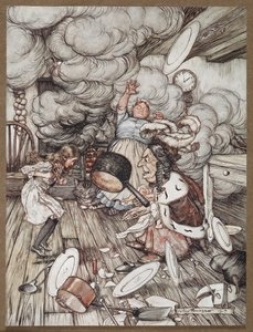 Alice in einer Küche mit der Herzogin, einem Koch und der Grinsekatze von Arthur Rackham