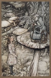 Alice spricht mit der Raupe, die auf einem Pilz sitzt und eine Pfeife raucht