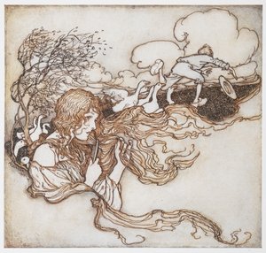 Eine Illustration eines Mädchens, das sich die Haare bürstet, mit Gänsen und einem Jungen im Hintergrund, aus Die Gänsemagd.