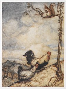 Illustration eines Huhns, Hahns und Eichhörnchens aus 